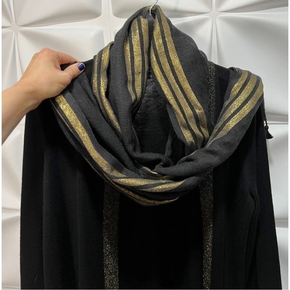 Eileen Fisher Womens Sz PM P M Black Gold ITALIAN Wool Cardigan Tassel Scarf Set - Picture 11 of 16